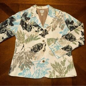 Chicos Cotton Silk Blend White Teal Green Leaves Jacket Blazer Size 1 M 8